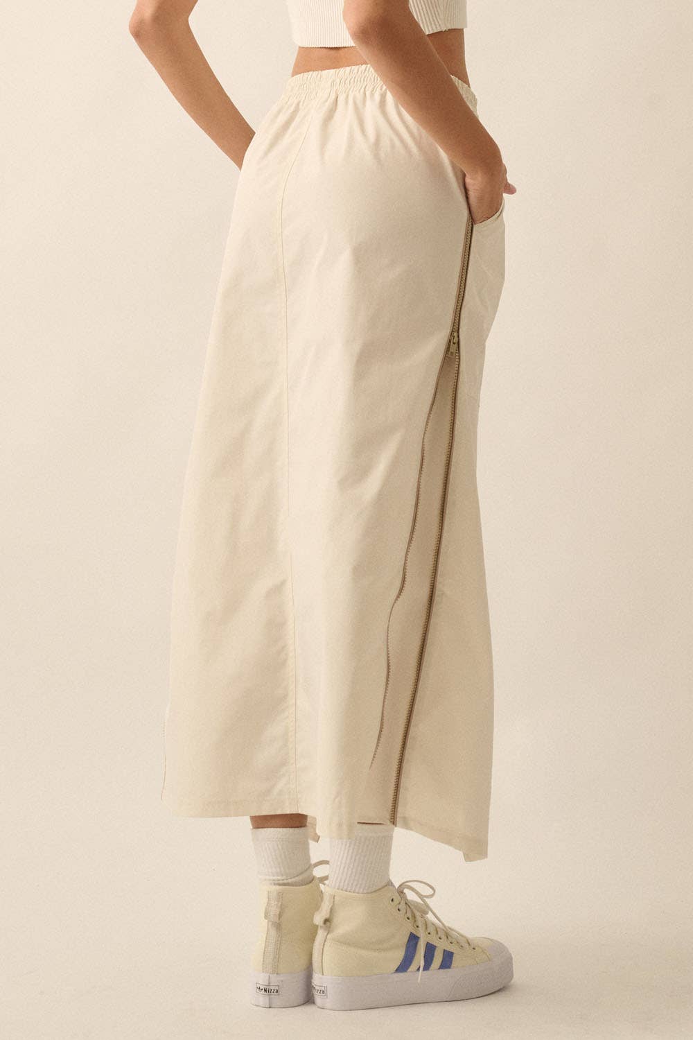 Cream Side-Zip Piping-Trimmed Drawstring Midi Skirt for wholesale on Faire5