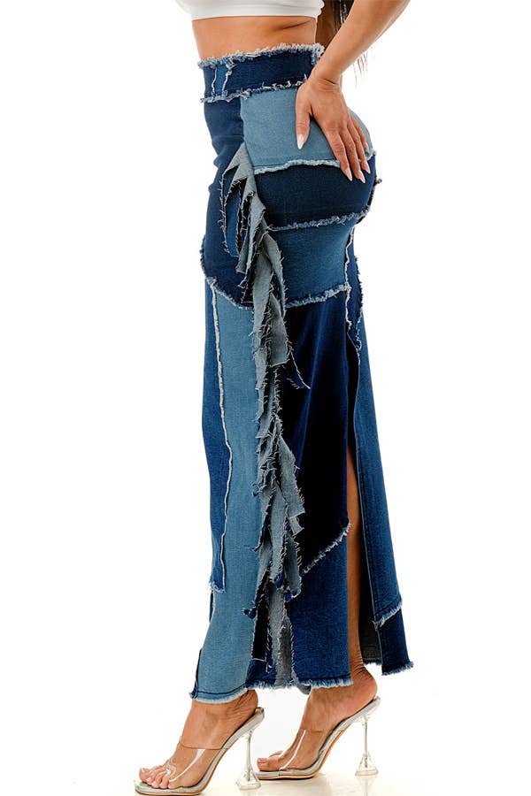 DENIM COMBO Højtaljet farveblok patchwork denimnederdel for engroshandel på Faire1