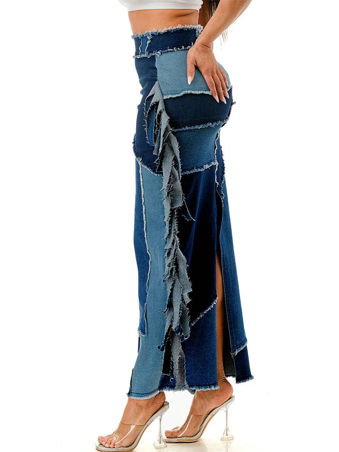 High Waist Color Block Patchwork Denim Skirt for wholesale on Faire1