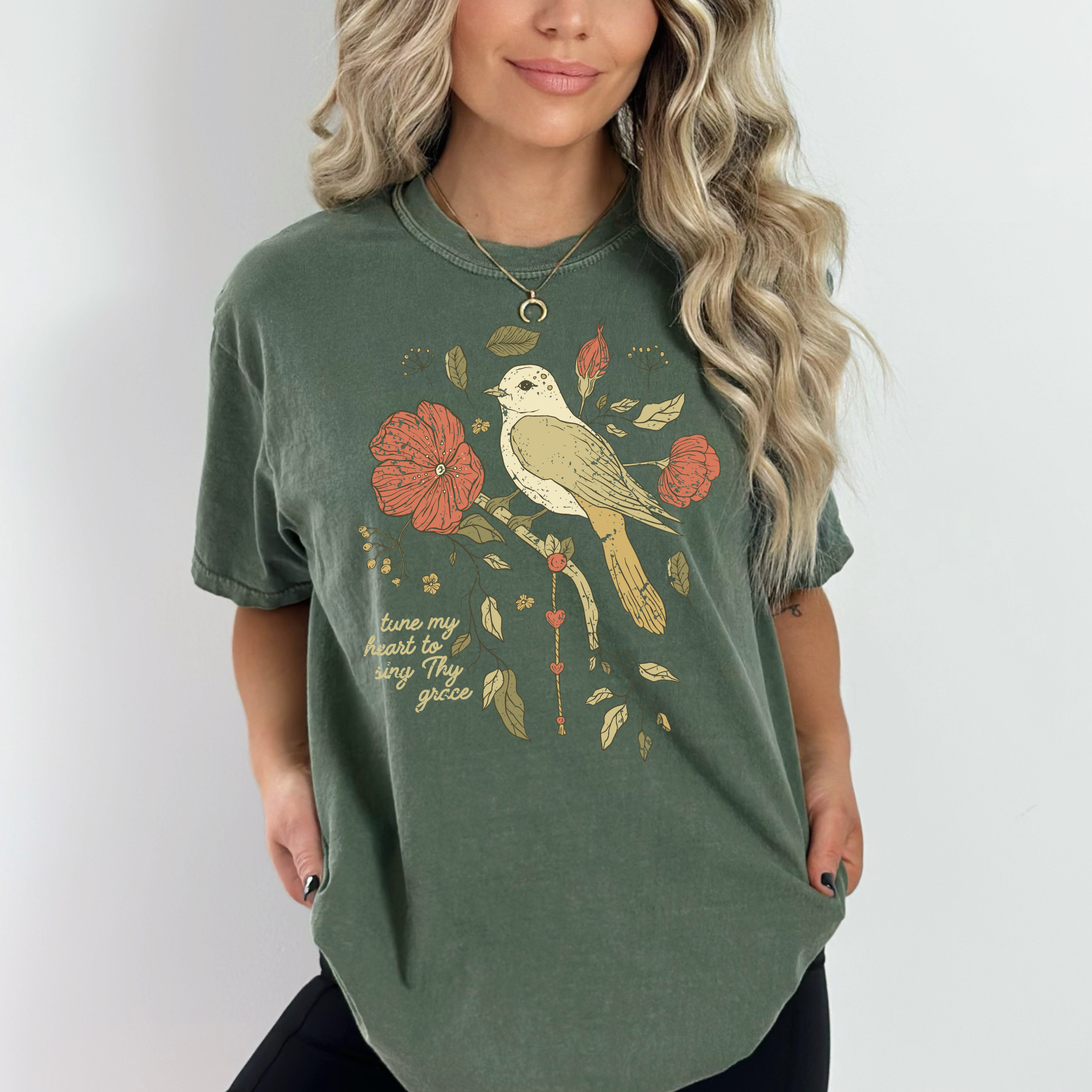 Scripted Pearl - Wholesale T-Shirt (Graphic) - Women's - Tune My Heart with Bird Comfort Colors Christian Graphic Tee2