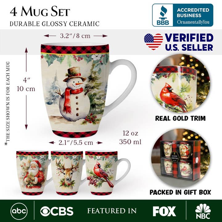 OrnamentallyYou - Wholesale Drinking Glass/Cup - Festive Country Plaid Set of 4 Ceramic Mugs with Real Gold Trim, Christmas Kitchen Coffee Cup Gift with Santa, Cardinal, Deer, and Snowman1