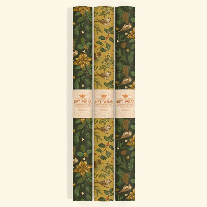 Mustard Beetle - Wholesale Wrapping Paper Roll - Recyclable Gift Wrap Yuletide Chickadee (Black & Mustard)