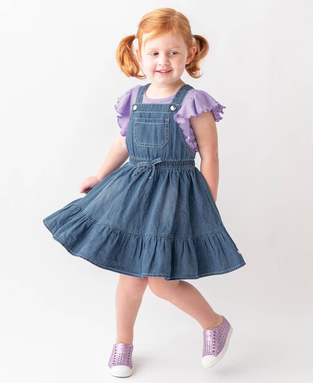 Blue Girls Light Wash Denim Overall Jumper Dress for wholesale on Faire7