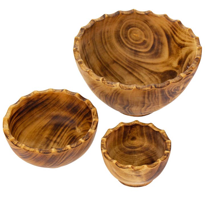 Juego de 3 cuencos de madera de jacarandá festoneados, redondos, anidados para venta al por mayor de Global Crafts