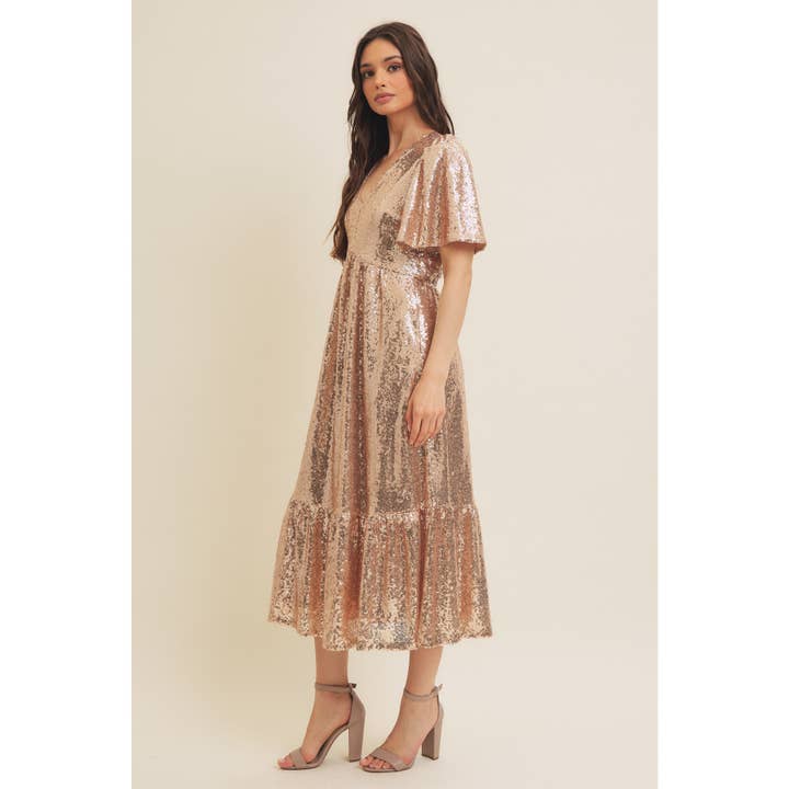CHAMPAGNE SPARKLING LONG SLEEVED SEQUIN MIDI DRESS for wholesale on Faire