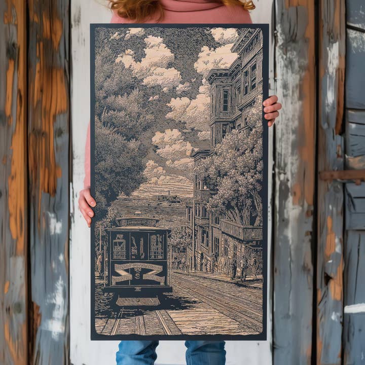 Illustrazione Incisa di un Tram Vintage di San Francisco per la vendita all'ingrosso da parte di Benoit's Design Co.