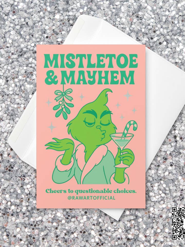 Carte de Noël : Gui & Chaos Carte de Vacances Rétro Amusante pour la vente par Hot Mess Paper Co.