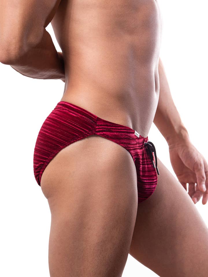 Wine Pleated Velvet Swim Briefs for wholesale by Jimaye LLC