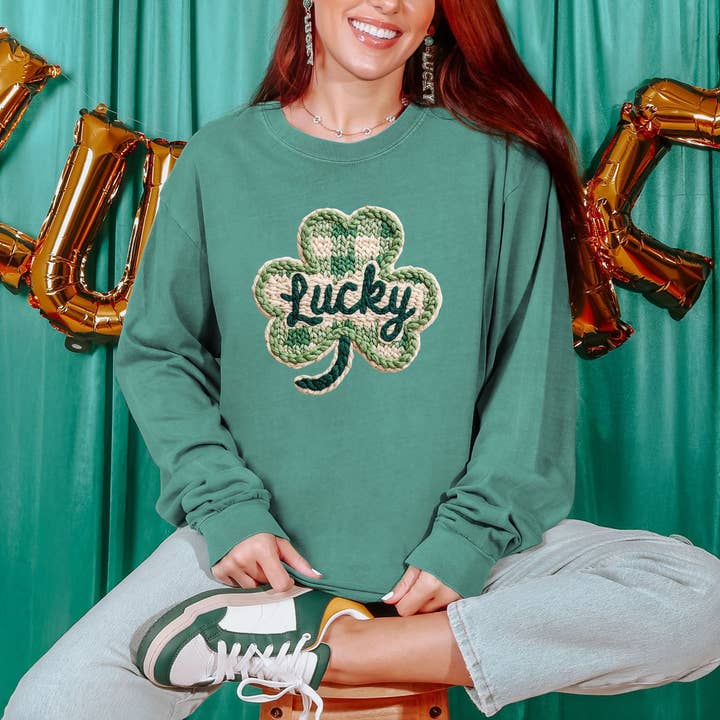 Lucky Faux Yarn Checkered Shamrock Long Sleeve for wholesale by Trendy Tee Co.