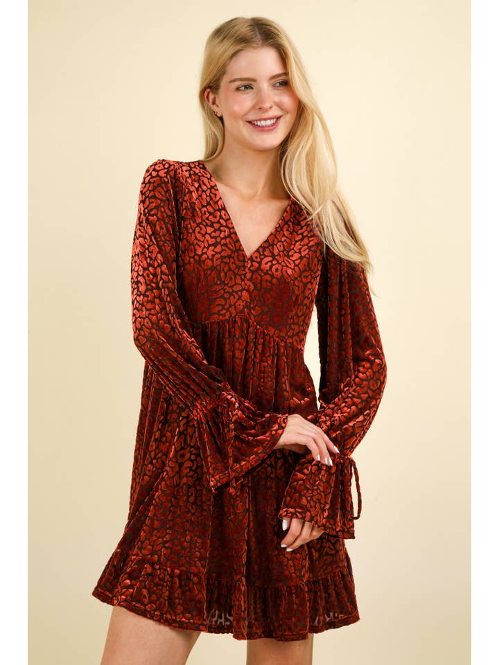 VERY J - Wholesale Dress - Women's - ND31550-Leopard Velvet Ruffled Holiday Mini Dress