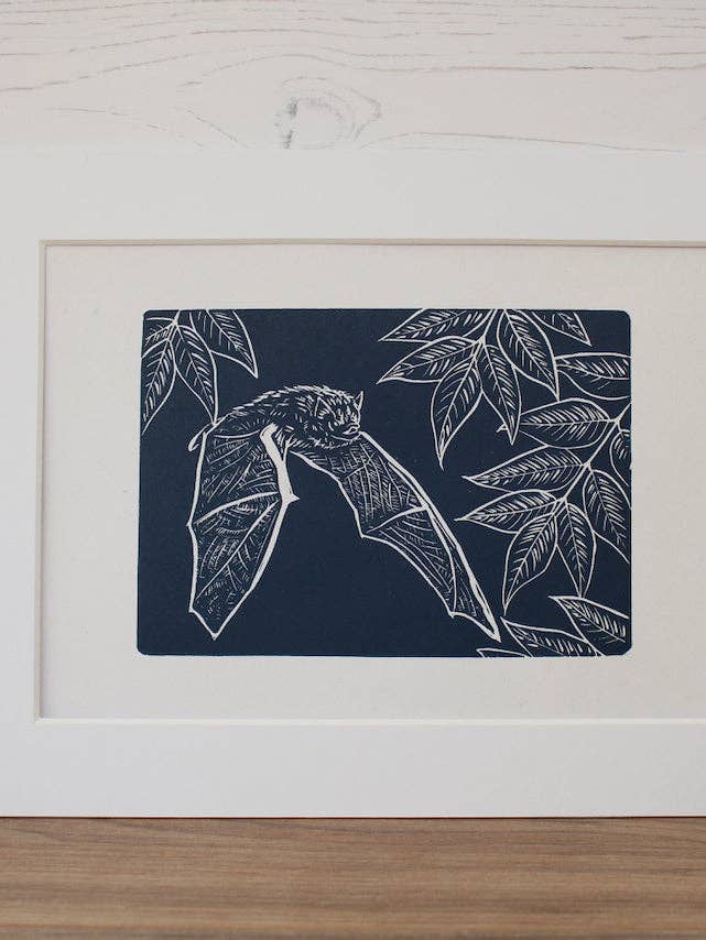 Pipistrelle bat hand printed linocut nature art print for wholesale by Jackdaw and Bear