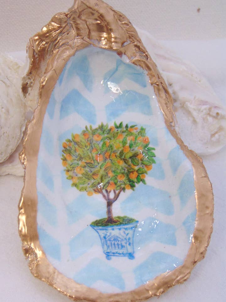 Diseñador Oyster Shell Joyería Cuenco Acuarela Árbol Naranja para venta al por mayor de Lowcountry Linens