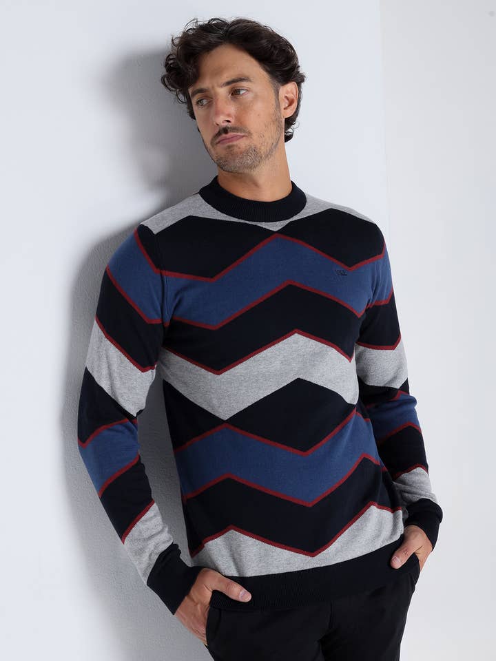 V&LUCCHINO - Jacquard-Zickzack-Pullover mit Perkins-Kragen für den Großhandel von PAUSANT SHOP ONLINE