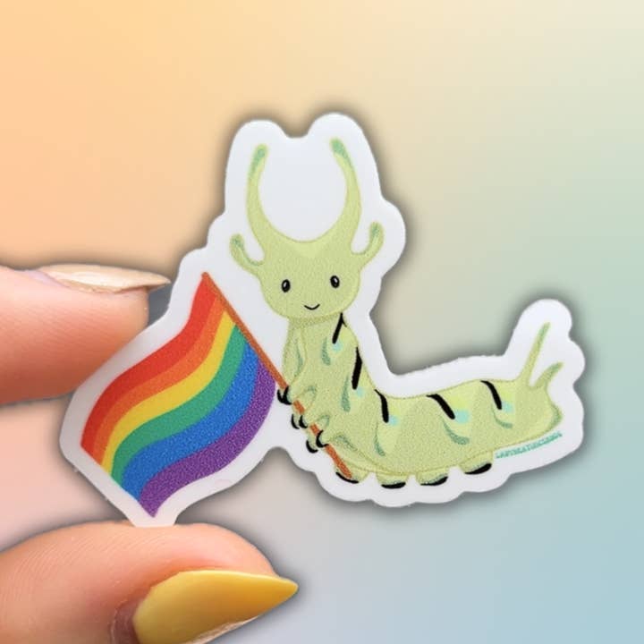 Gay Queer Pride Flag Cute Bug Caterpillar Sticker Decal for wholesale by LadyBeatificsBugs