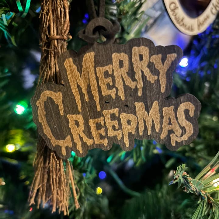 Merry Creepmas, stained ornament with leather strap for wholesale by The Pumpkin Empress