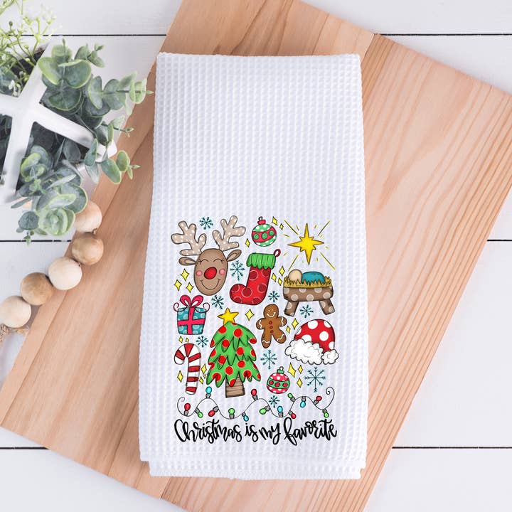 Chritmas Is My Favorite Waffle Weave Kitchen Dish Towel for wholesale by Painted Skies