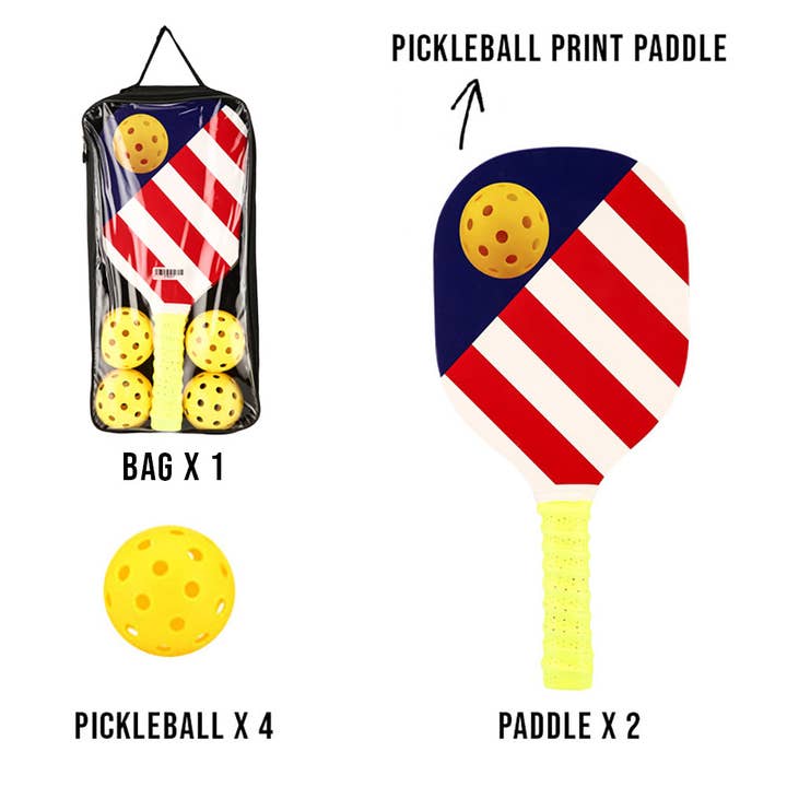 Sensibling Corp. - Wholesale Sporting Accessories - 7PCS - American USA Flag Printed Pickleball Ball Paddle Set