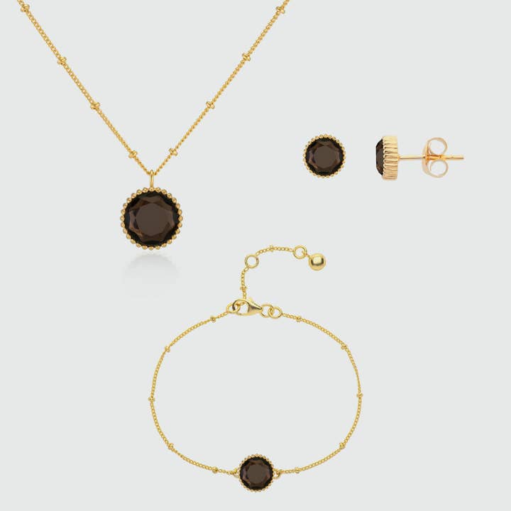 Barcelona November Birthstone Smokey Quartz & Gold Vermeil Jewellery Set for wholesale by Auree Jewellery