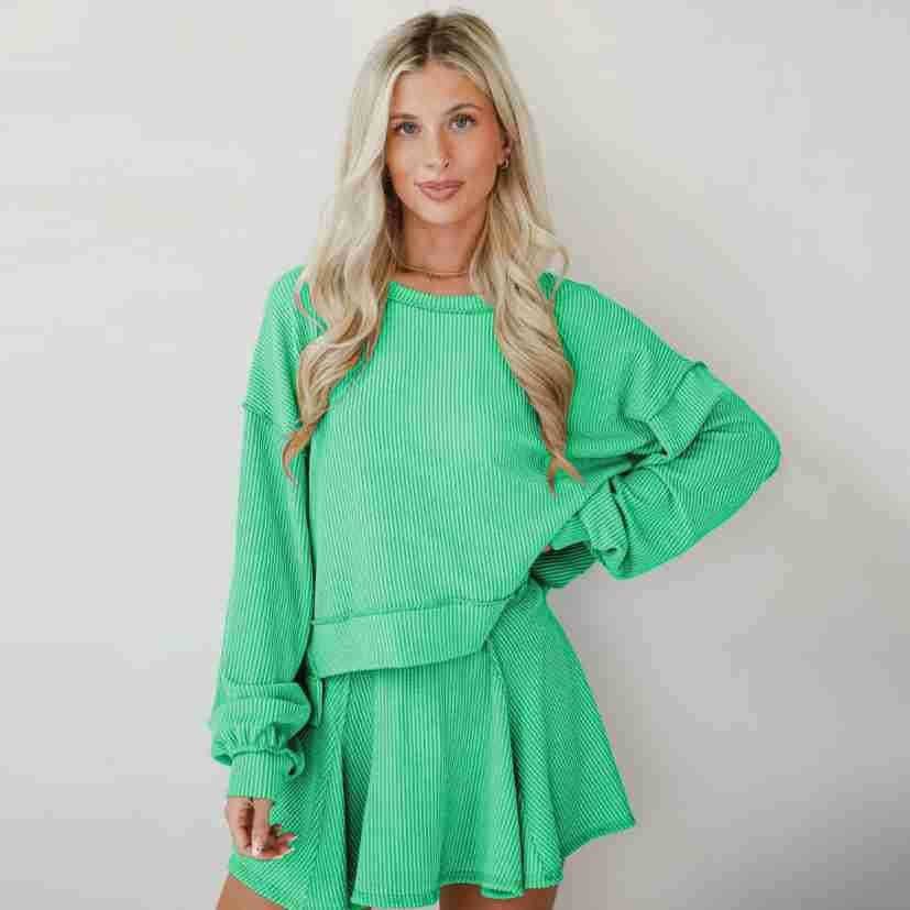 Marayn - Wholesale Top & Skirt Set - Women's - Autumn Ribbed Set Lantern Sleeve Top  Pleated Skirt41