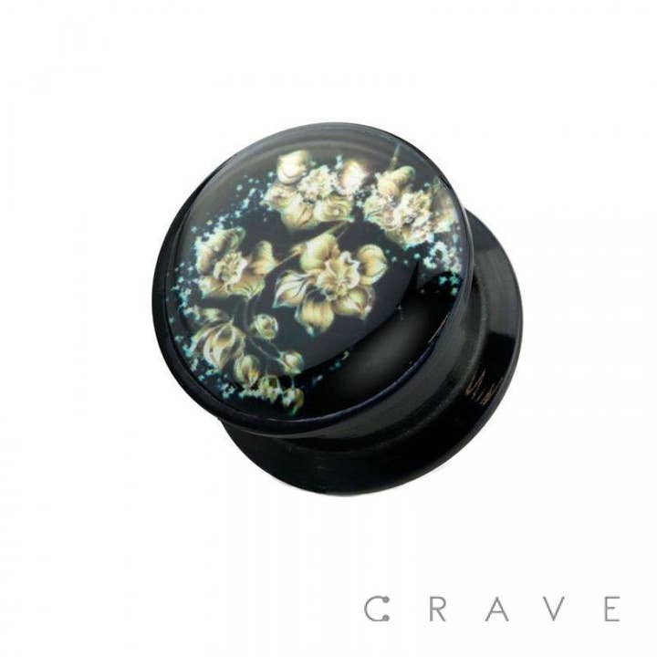 BOUCHON À VISSER EN ACRYLIQUE IMPRIMÉ ORCHIDÉE DORÉE pour la vente par CRAVE BODY JEWELRY