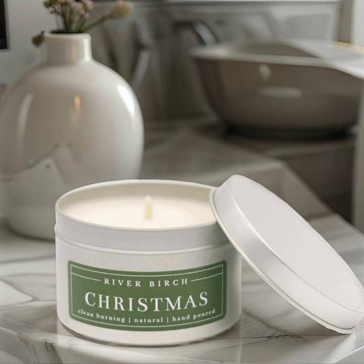 River Birch Candles - Wholesale Travel Candles - 8oz Christmas - Silver Tin Soy Candle - Winter Holiday1