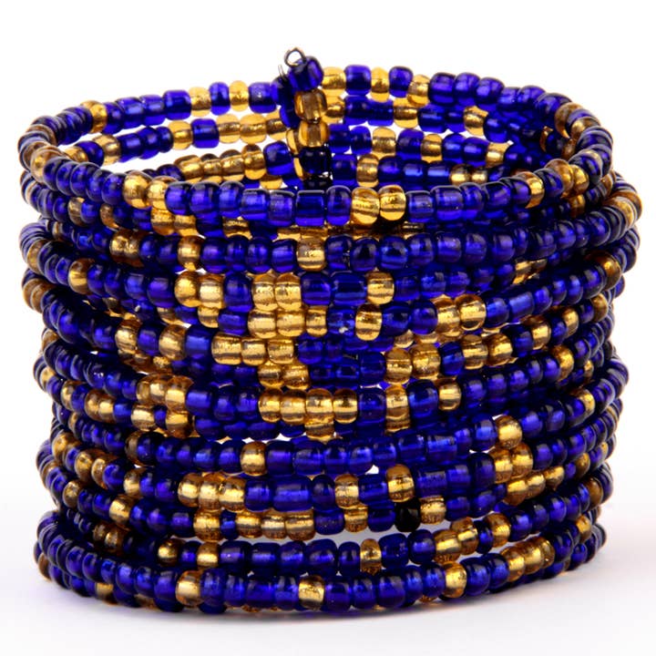 Game Day wire cuff in blue & gold for wholesale by Erik & Mike