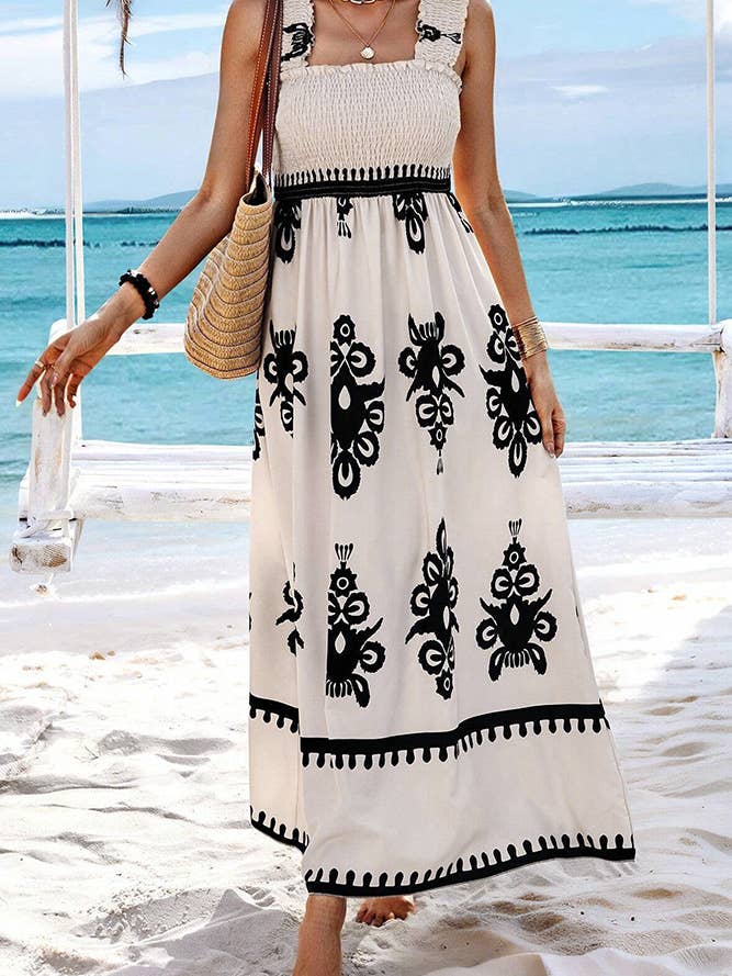UNISHE - Wholesale Dress - Women's - Beach Resort Style Printed Bandeau Maxi Dress ZK18563