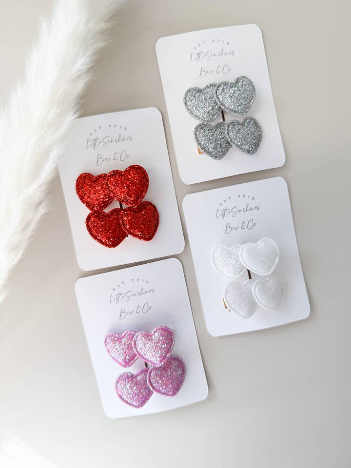 Glitter Hearts Valentines Day Hair Clips for wholesale by Little Sunshines Bow & Co