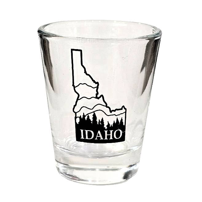 Idaho Mountains and Trees Shot Glass for wholesale by Ladybug Press