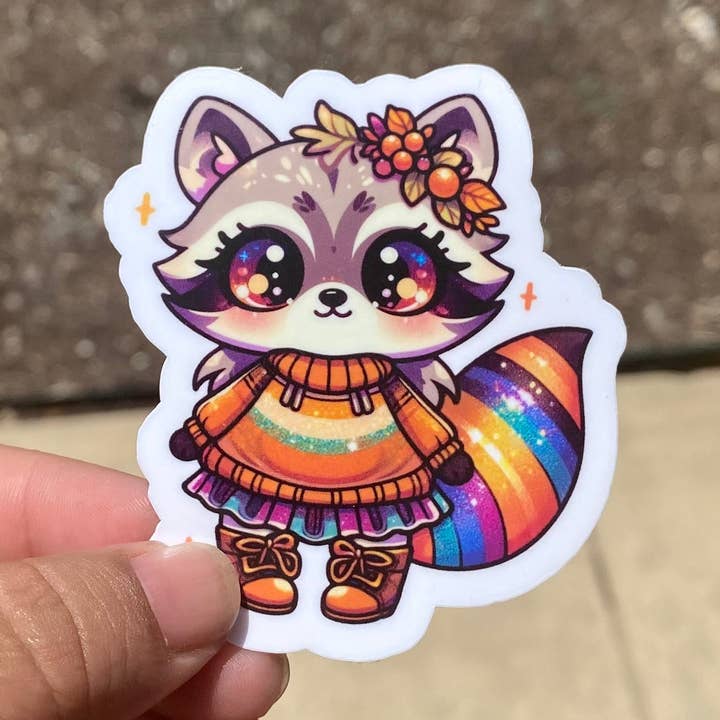 Cozy Fall Raccoon Sticker for wholesale by Kailex Boutique Wholesale
