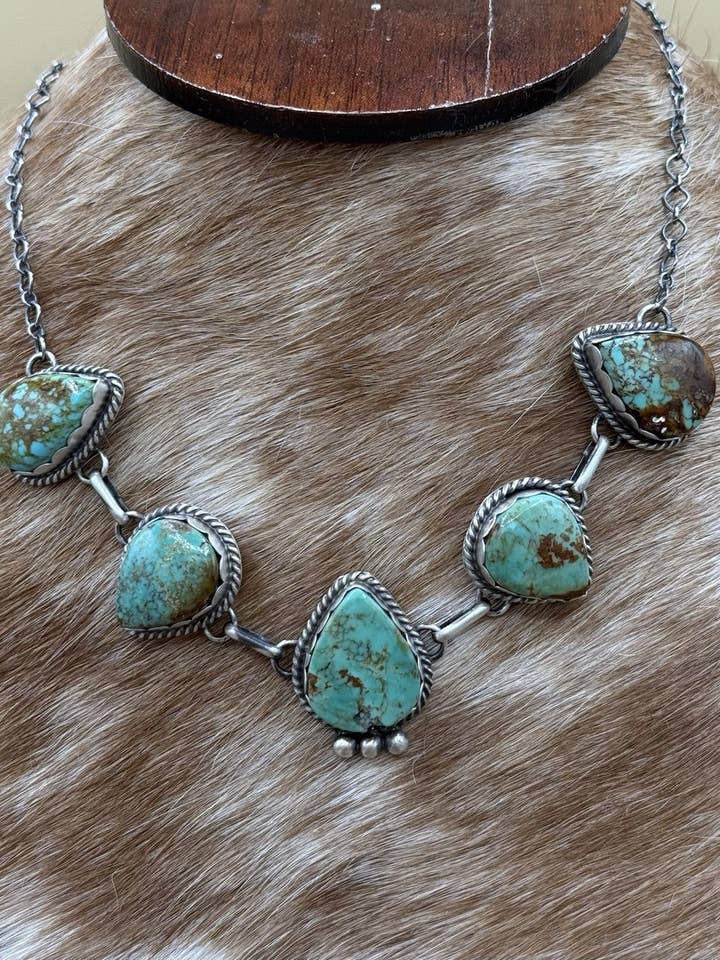 Native Navajo Handmade Sterling Silver Kingman Turquoise Choker Necklace 15” for wholesale by Native City Jewelry