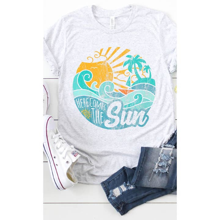 Kissed Apparel - Wholesale Screen Printed T-Shirt - Women's - Vintage Here Comes the Sun Beach Graphic Tee