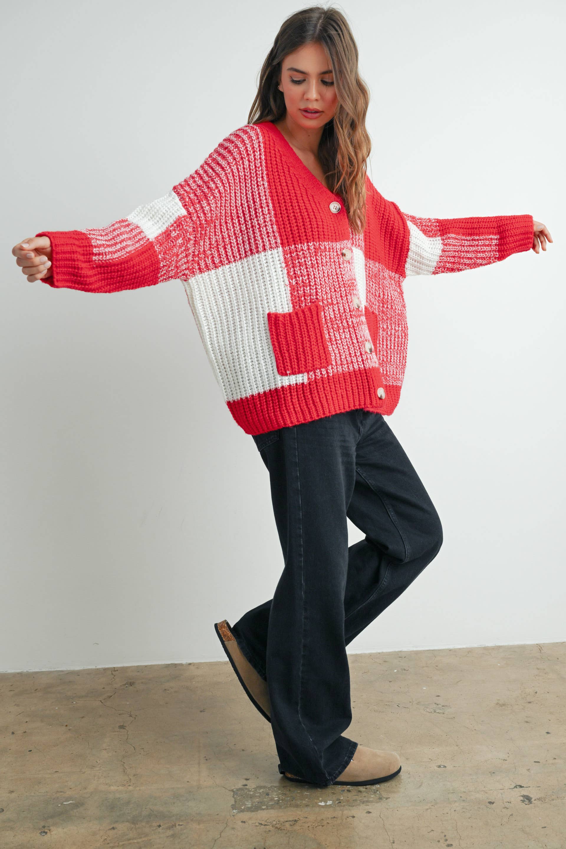 BUTTERMELON - Vendita all'ingrosso Cardigan - Donna - Cardigan oversize a quadretti con spalla scesa - BMC760711