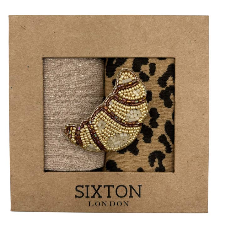 Champagne Vegas & Leopard sock box duo with Croissant pin for wholesale by Sixton London