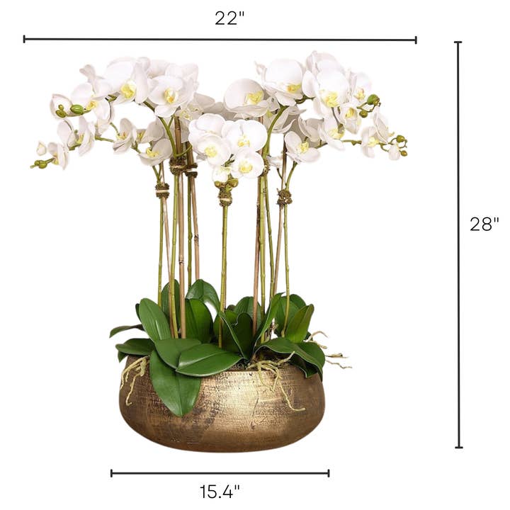 Vivian Rose LLC - Wholesale Artificial Flowers - Faux white orchid arrangement in matte gold planter5