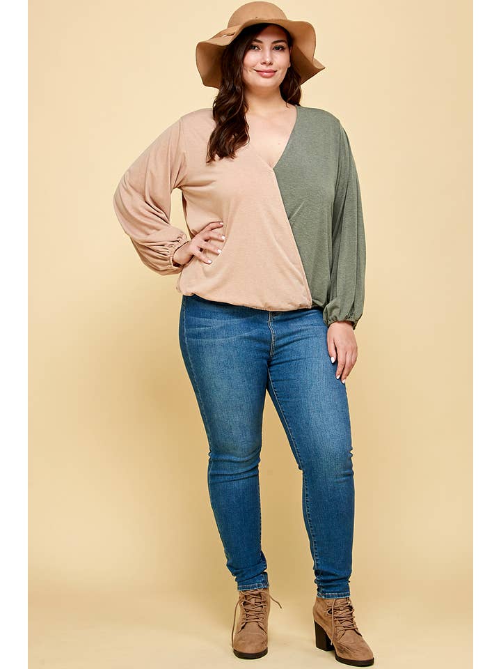Emerald Collection - Wholesale Knit Top - Women's - ETK-8561-PL Plus Size Color Block Surplice Top