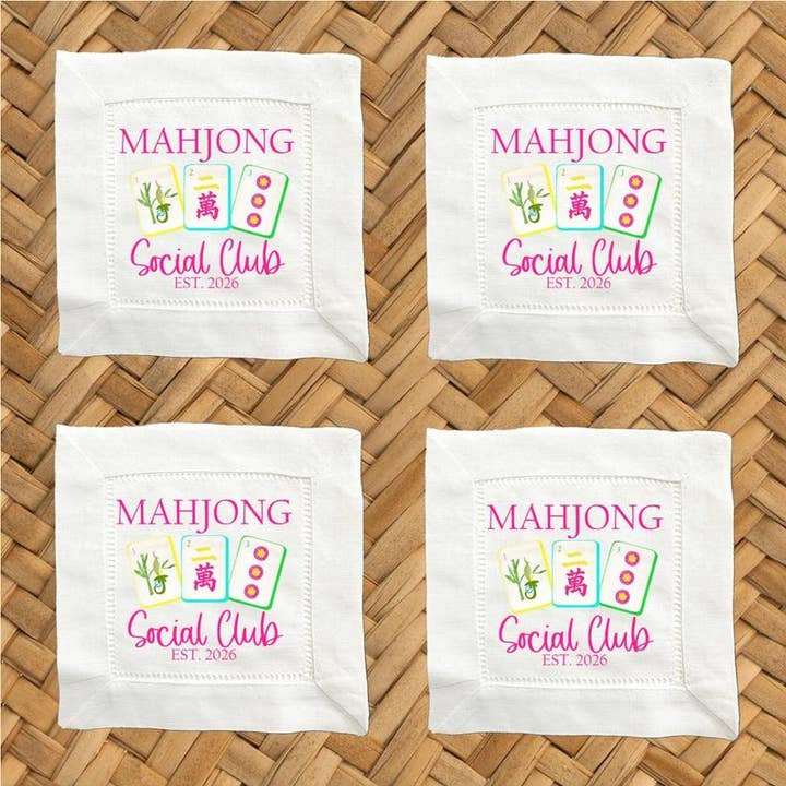 Mahjong Social Club Linen Cocktail Napkins - 6 x 6 Inch Cloth Hemstitch Fabric Napkins - Set of 4 for wholesale by Moman Sales, Inc.