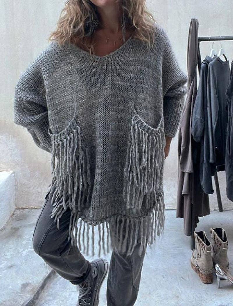 safistyle - Wholesale Tunic Sweater - Women's - Fringe Detail Oversized Sweater9