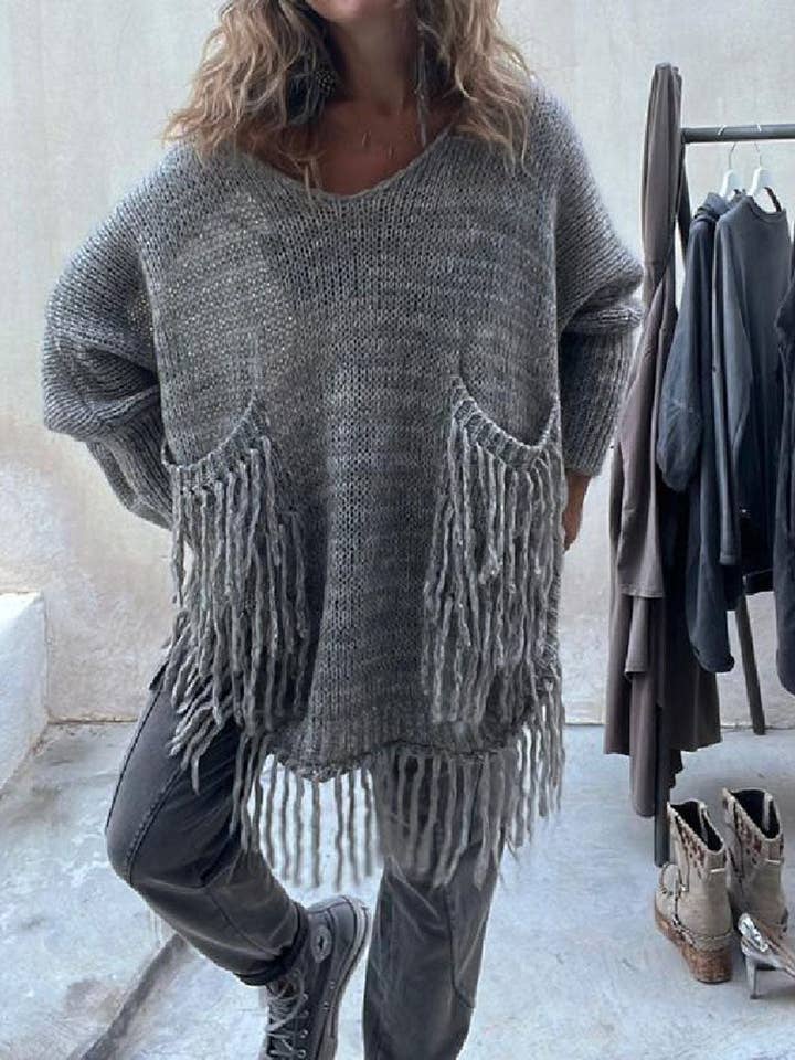 safistyle - Wholesale Tunic Sweater - Women's - Fringe Detail Oversized Sweater9