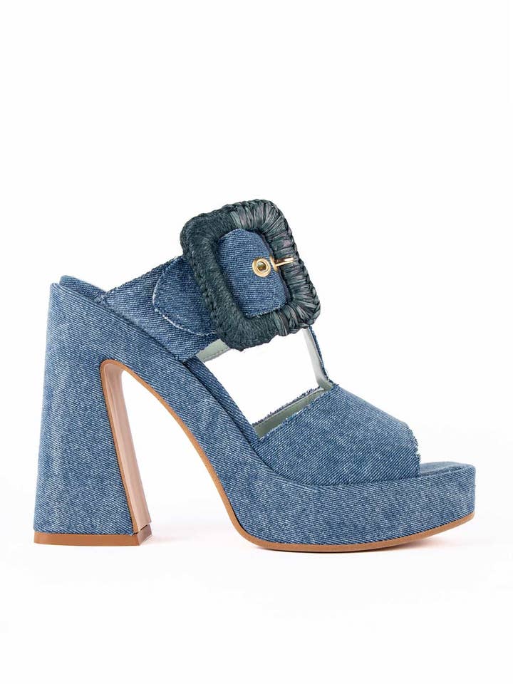 Mules à plateforme en denim GVP68 pour la vente par Poesie Veneziane