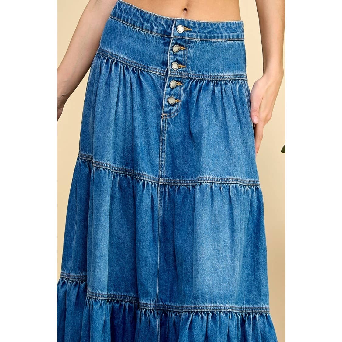 Med Wash Front Button 3 tiered Denim Skirt for wholesale on Faire6