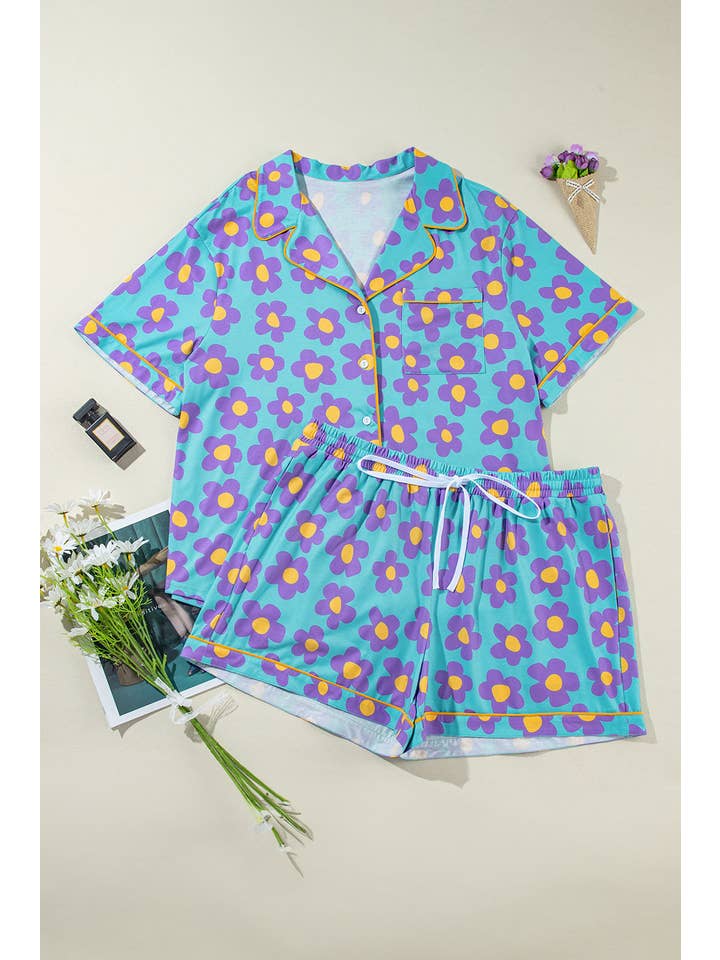 Sky Blue Floral Top and Shorts Pajama Set Plus Size for wholesale on Faire