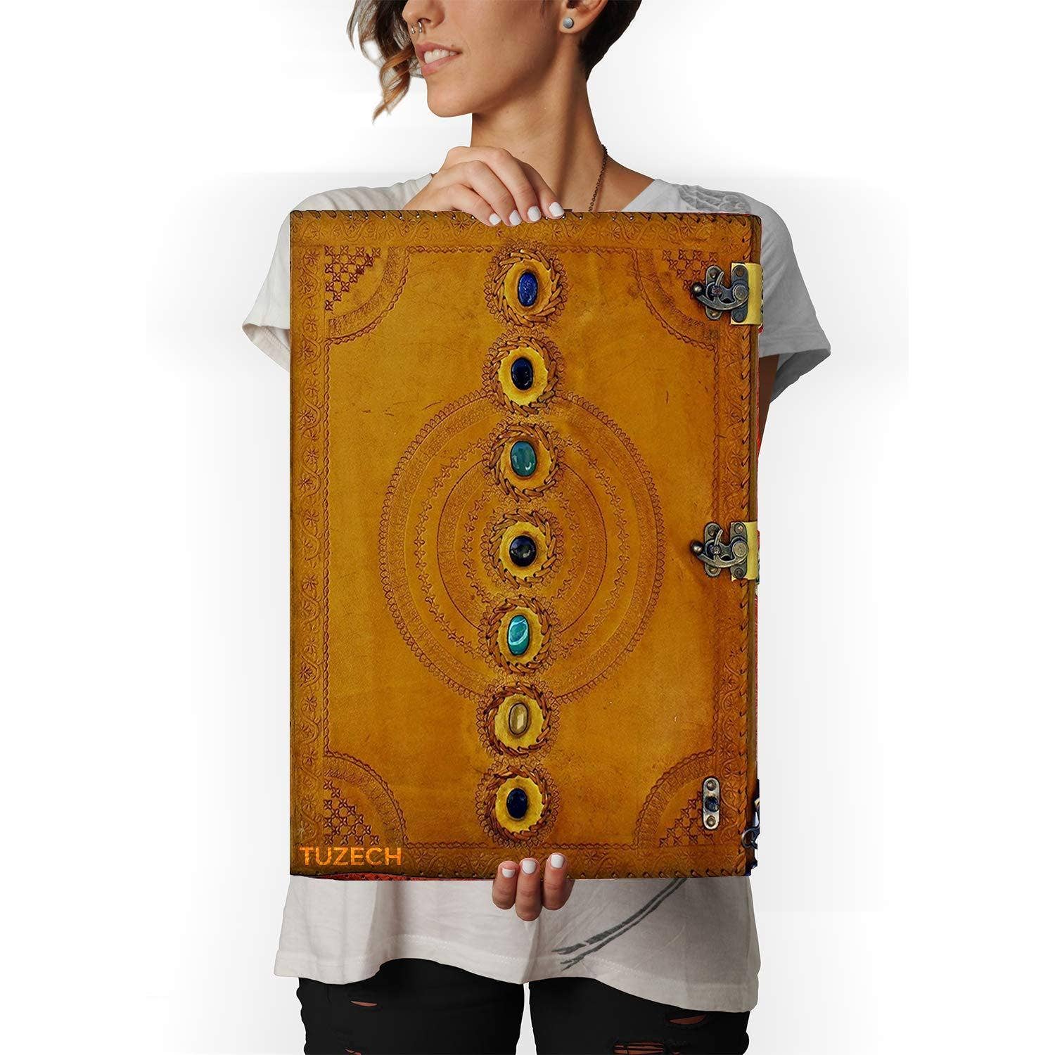 Tuzech Leather - Wholesale Journal/Diary - Tuzech Seven Chakra Medieval Stone Embossed Handmade Jumbo Leather Journal Book of Shadows Notebook Office Hocus Pocus Diary College Poetry Sketch With Leather Bound9