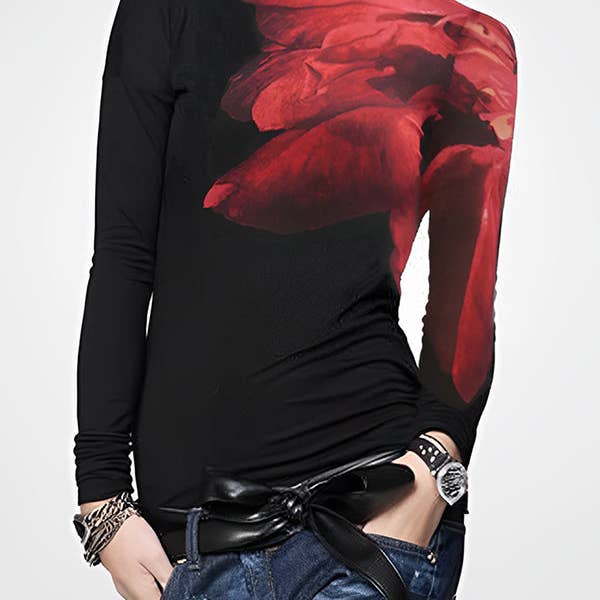 T-shirts et hauts à col haut à manches longues, imprimé asymétrique et à joint fendu pour la vente par Sheer Trend