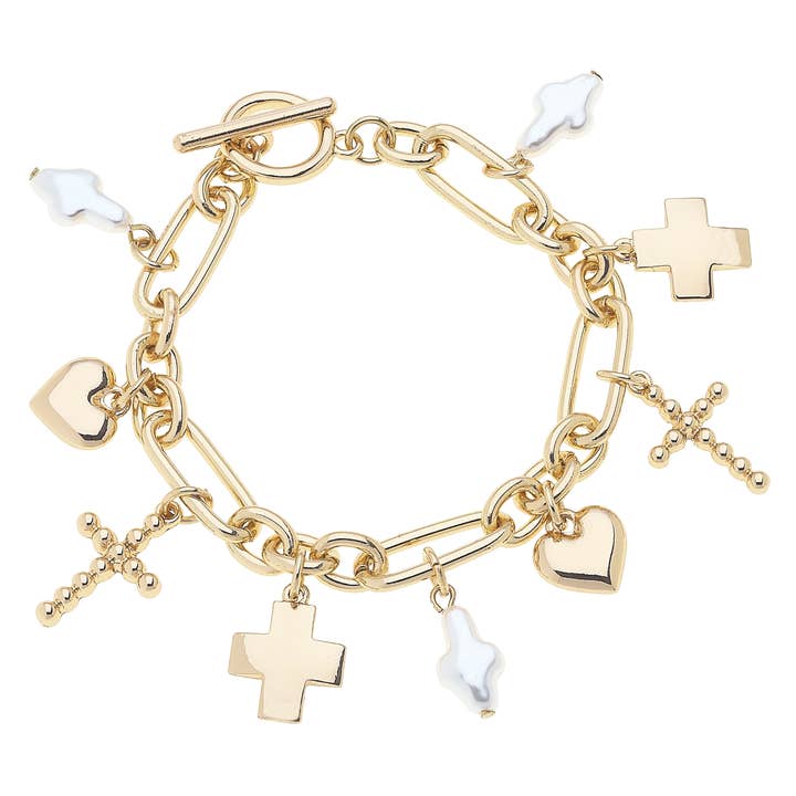 Canvas Style - Wholesale Charm/Dangle Bracelet - Helena Multi Cross Charm Bracelet in Shiny Gold0