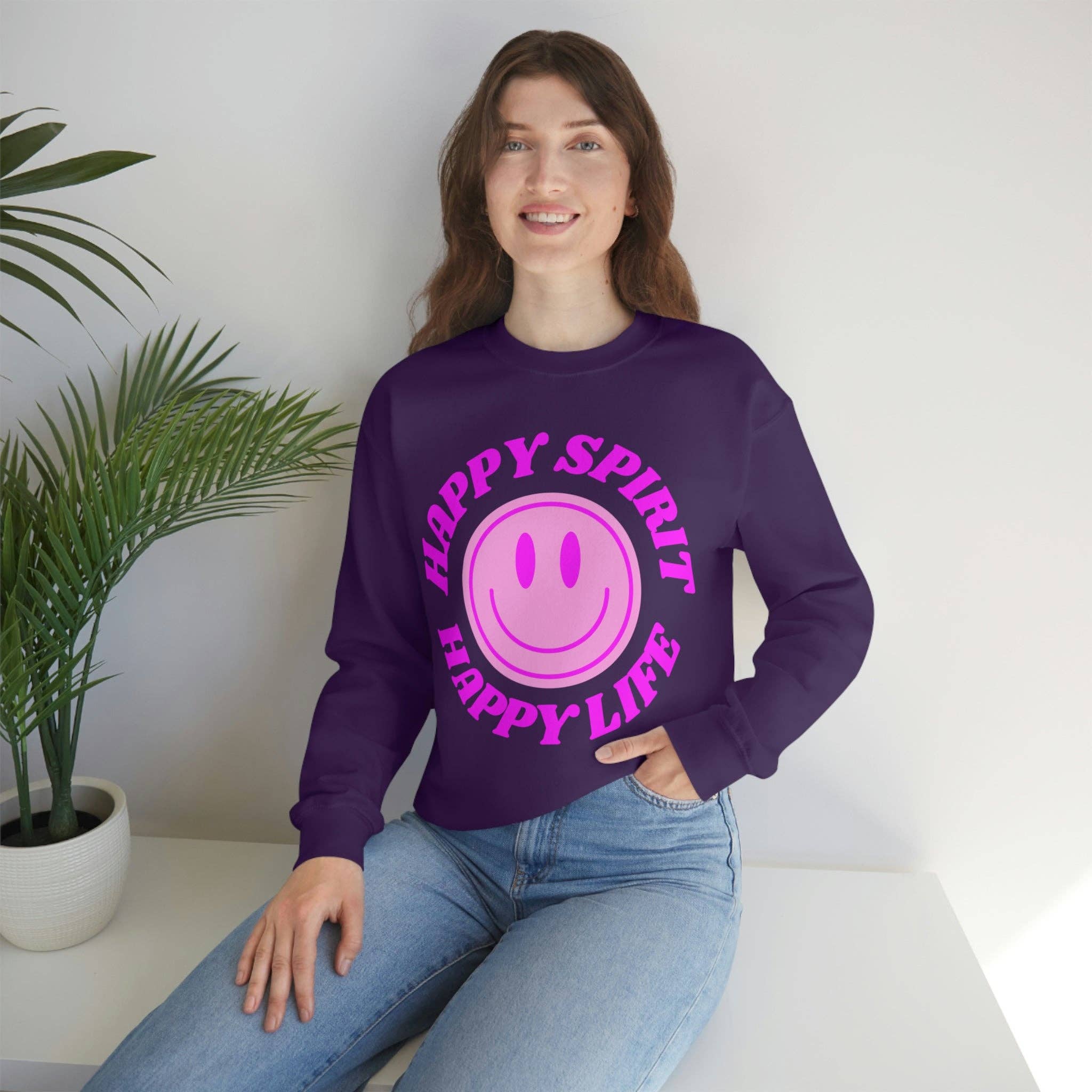 Happy Life Stuff - Wholesale Graphic Sweatshirt - Women's - Happy Spirit Happy Life Sweatshirt, VSCO Girl Crewneck, Oversized Retro Font Graphic Tumblr, Front Print Smile Face Trendy Cover Up28
