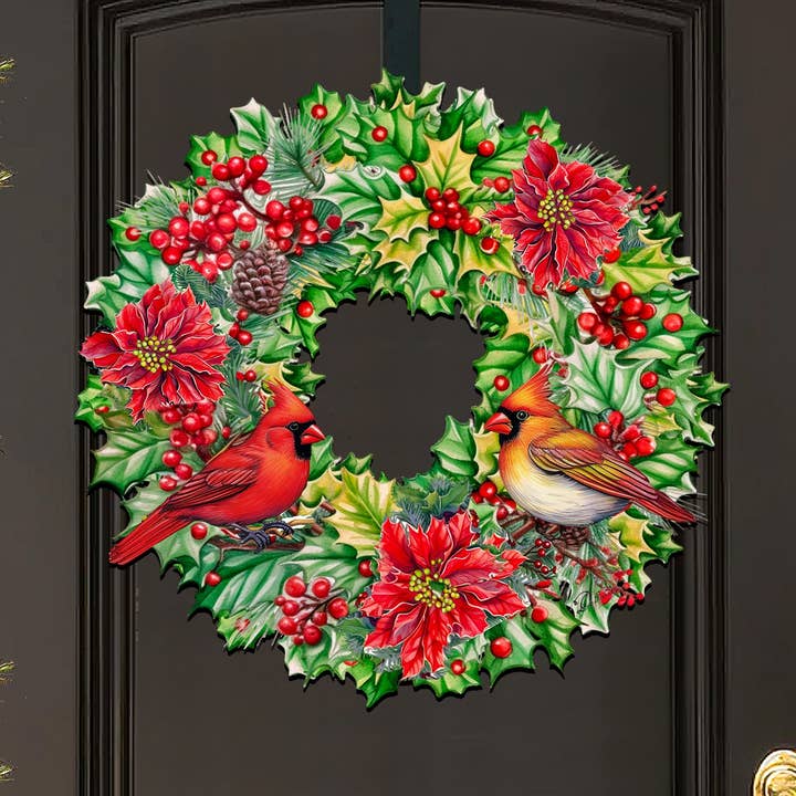 Holiday Cardinal Garland Wreath Holiday Door Decor by G. Deb for wholesale by Designocracy
