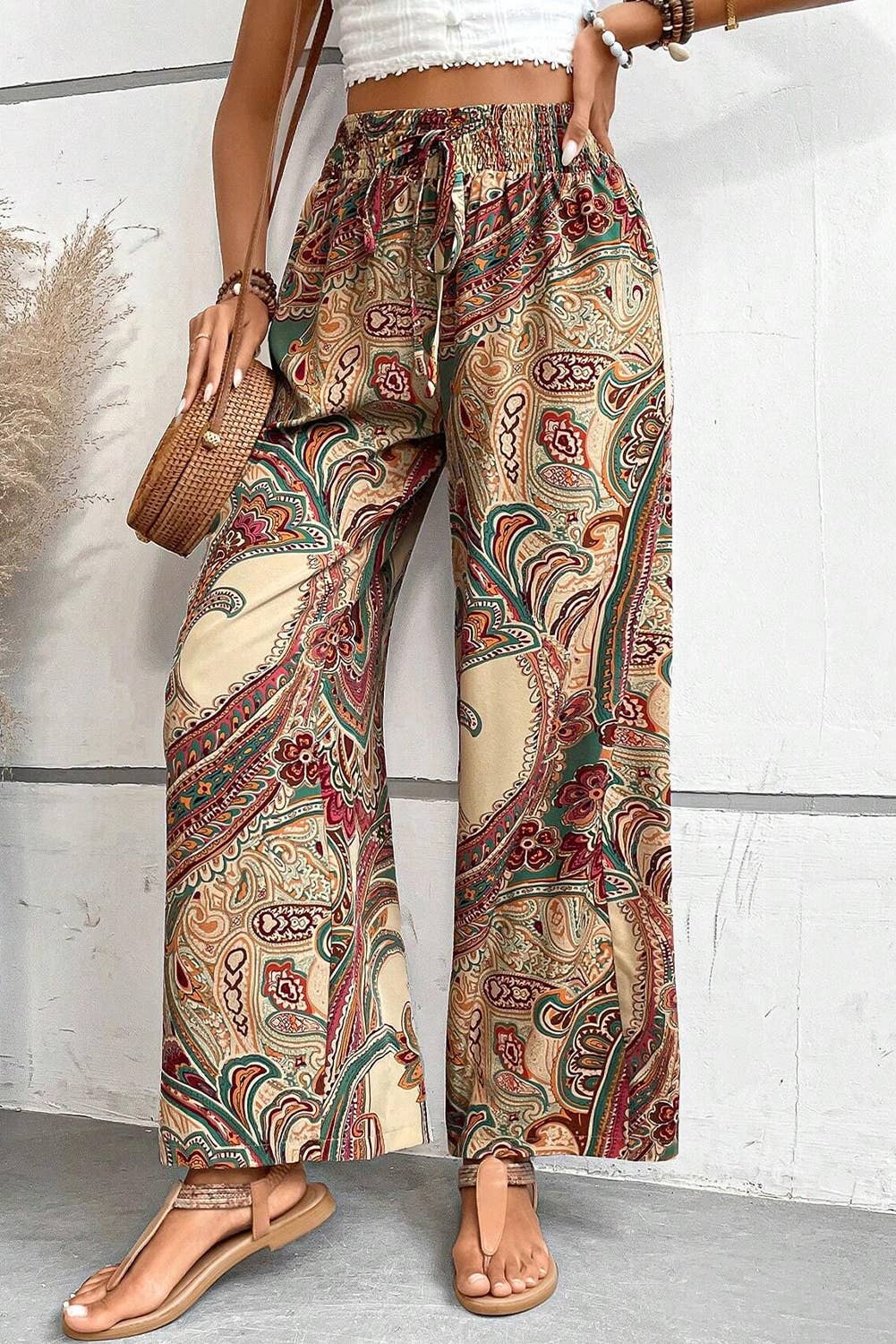1 the Woman - Wholesale Pants - Women's - Paisley Print Boho Elastic Waist Wide Leg Pants