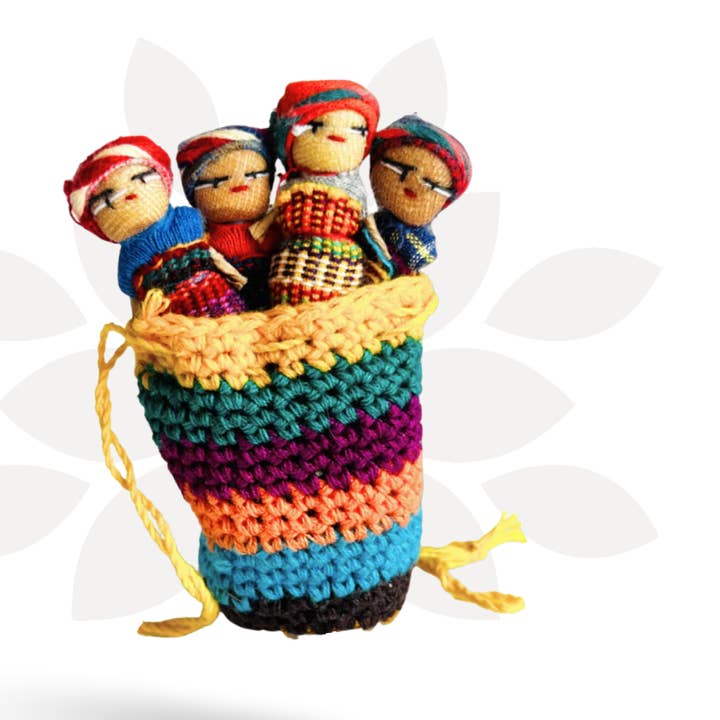 Worry Doll Crochet Pouch with Four Dolls - Guatemala for wholesale by Lumily