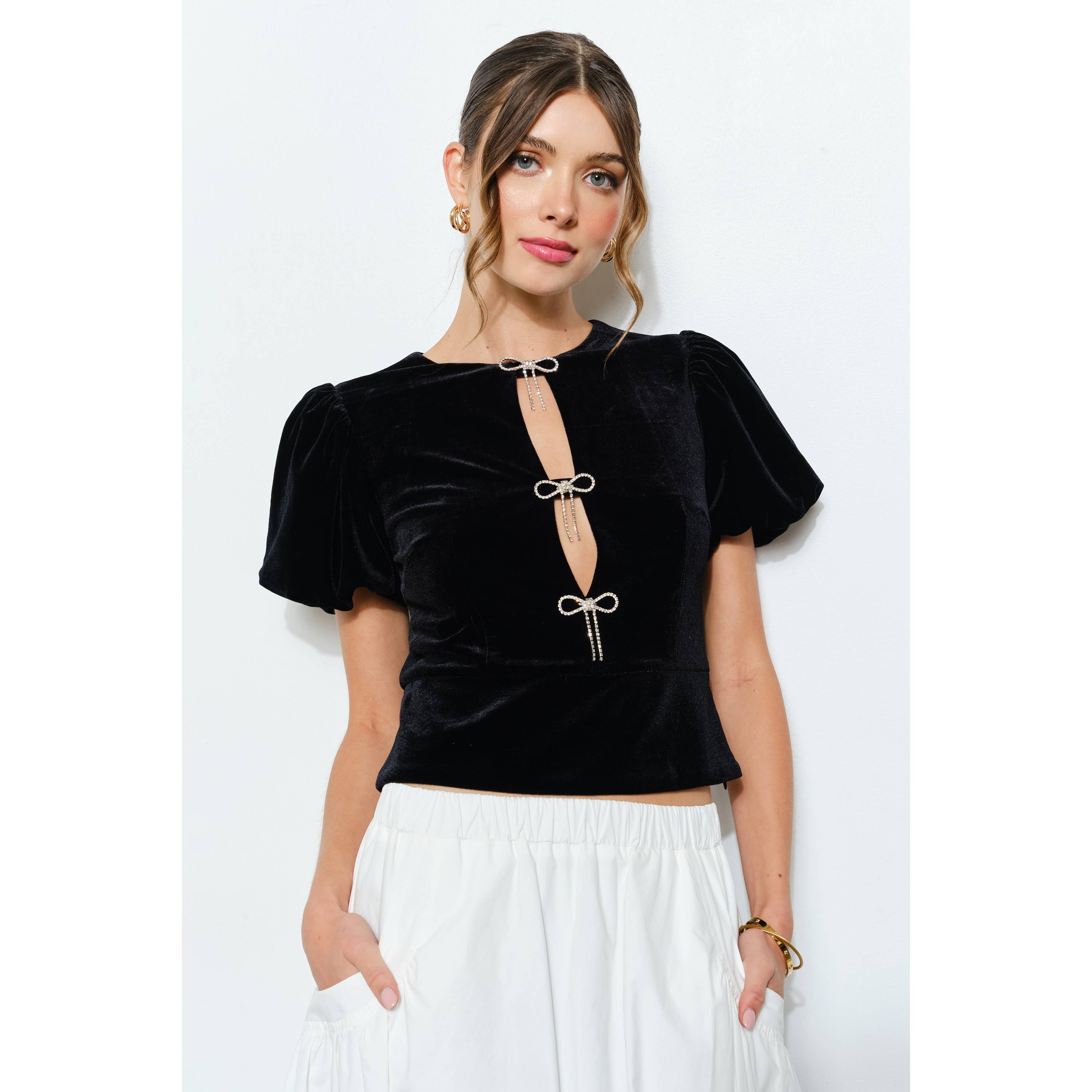 INA - Wholesale Blouse - Women's - Rhinestone Bow Cutout Velvet Puff Sleeve Top10